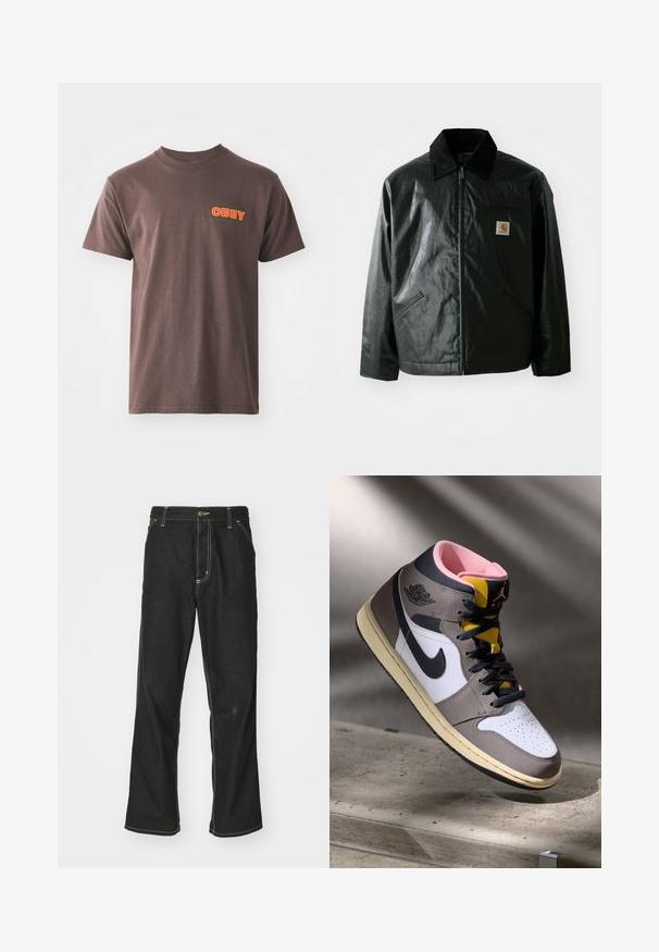 Melnā zip-up jaka, izgatavota no gludas, spīdīgas materiāla. Ir korduroja apkakle, divas priekšējās kabatas un neliela logo placdarma uz krūtīm.; Brūns kokvilnas T-krekls ar īsām piedurknēm, ar izteiksmīgu oranžu "OBEY" grafiku kreisajā krūšu zonā. Vienkāršs apaļais kakla dizains.; Melni džinsi ar brīvu piegriezumu, ar kontrastējošu baltu diegu, pogu aizdari un taisnu kāju dizainu.; Augstās Nike Air Jordan kedas baltā, pelēkā un melnā krāsā ar rozā iekšpusi un dzelteno mēli, novietotas uz betona virsmas.