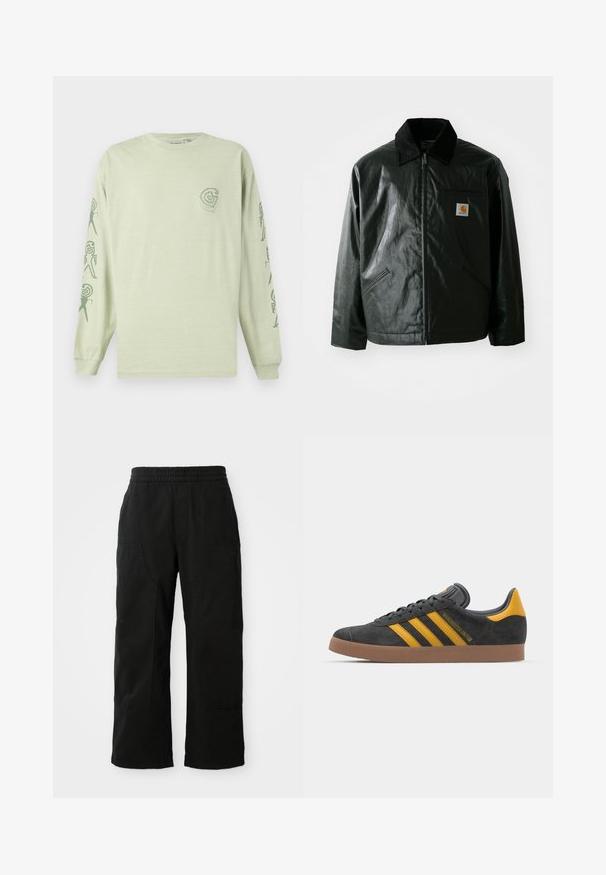 Black zip-up jacket made of smooth, shiny material. Features a corduroy collar, two front pockets, and a small logo patch on the chest.; Long-sleeve light green cotton t-shirt featuring a small logo on the chest and abstract patterns along the sleeves in dark green.; Black cotton pants with an elastic waistband, wide leg design, and large side pockets. Fabric appears soft with a smooth texture.; Black suede sneaker with yellow accents, featuring three stripes and a brown rubber sole. Includes a padded tongue for comfort.