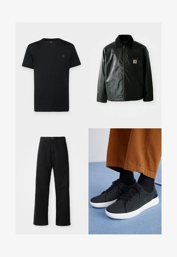 Giacca nera con zip realizzata in materiale liscio e lucido. Presenta un colletto in corduroy, due tasche frontali e una piccola patch con logo sul petto.; T-shirt in cotone nero con collo a giro, maniche corte e un piccolo logo ricamato sul petto. Texture liscia, vestibilità classica.; Pantaloni in denim nero con taglio dritto, caratterizzati da tasche frontali, chiusura con zip e un singolo bottone superiore. Tessuto testurizzato con finitura opaca.; Sneakers in suede nera con suole in gomma bianca, dotati di un design con lacci, accenti testurizzati e branding sottile, abbinati a pantaloni marroni.