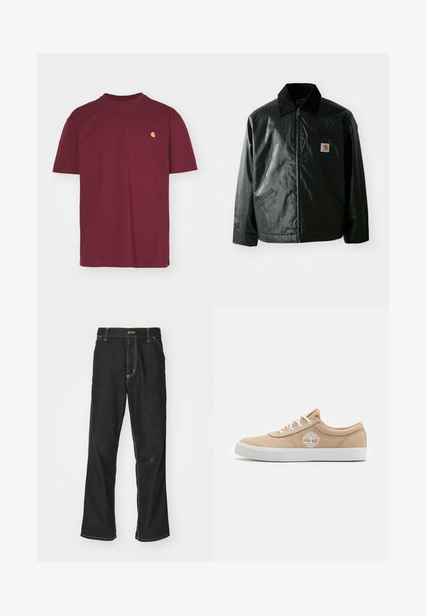 Sort lynlåsejakke lavet af glat, blankt materiale. Har en kordfløjlsfarvet krave, to forlommer og et lille logo-patch på brystet.; Carhartt WIP AMERICAN SCRIPT - T-shirts basic - malbec; Sorte denimjeans med løs pasform, der har kontrasterende hvid syning, en knaplukning og et lige ben-design.; Beige lærredssneaker med en hvid gummisål, med hvide øjer og snørebånd, samt et hvidt logodesign på den ydre side.