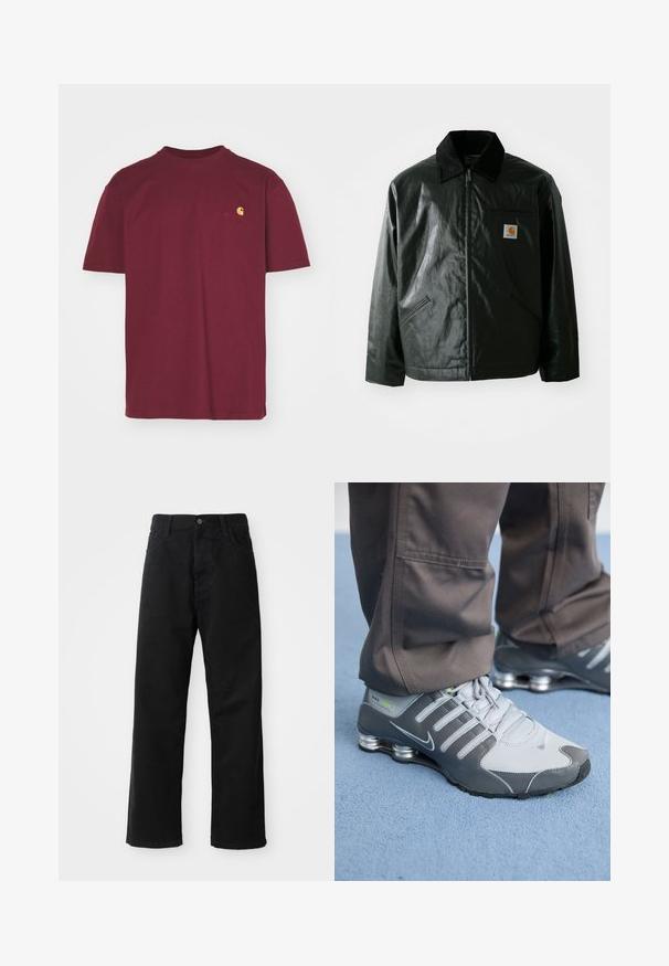 Černá zipová bunda vyrobená z hladkého, lesklého materiálu. Má jemný manžetový límec, dvě přední kapsy a malou značkovou nášivku na hrudi.; Carhartt WIP AMERICAN SCRIPT - Jednoduché tričko - malbec; Černé džínové kalhoty s rovný střih, s předními kapsami, zipovým zapínáním a jedním horním knoflíkem. Texturovaná látka s matným povrchem.; Šedé a stříbrné tenisky Nike Shox mají elegantní design, s použitím síťoviny a syntetických materiálů, zaoblenou špičku a polstrovaný límec.