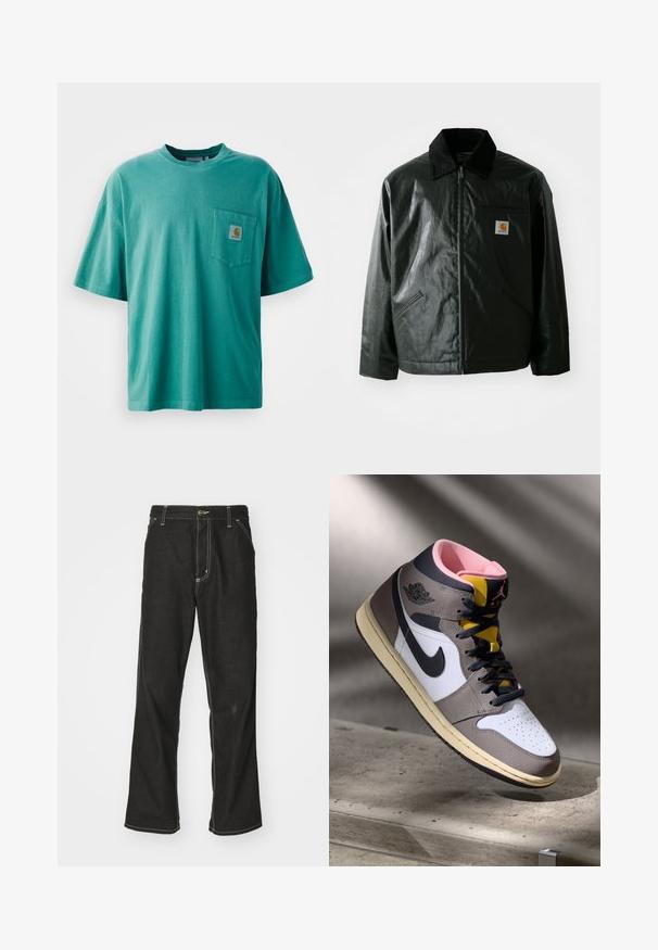 Černá zipová bunda vyrobená z hladkého, lesklého materiálu. Má jemný manžetový límec, dvě přední kapsy a malou značkovou nášivku na hrudi.; Zelené bavlněné tričko s kulatým výstřihem, krátkými rukávy a přední kapsou s nášivkou loga. Měkká textura a volný střih.; Černé denimové džíny s volným střihem, s kontrastním bílým prošíváním, zapínáním na knoflík a rovnými nohavicemi.; Bílé, šedé a černé vysoké tenisky Nike Air Jordan s růžovým interiérem a žlutým jazykem, umístěné na betonovém povrchu.