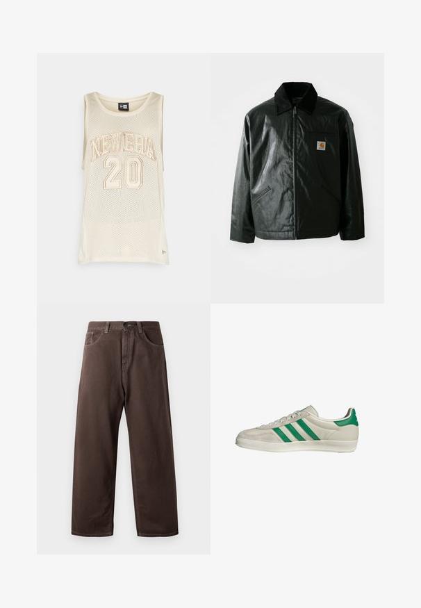 Veste noire zippée en matériau lisse et brillant. Elle dispose d'un col en velours côtelé, de deux poches avant et d'un petit écusson logo sur la poitrine.; Débardeur en maille de couleur crème avec le texte "NEW ERA" et le numéro "20" en typographie beige. Encolure plongeante, sans manches.; Pantalons larges marron en coton, avec un design classique à cinq poches, une fermeture éclair et des détails de couture visibles.; Baskets beiges avec des rayures vertes, dotées d'une semelle blanche et d'un dessus en cuir lisse. Vue de côté mettant en valeur les détails des lacets et le logo.