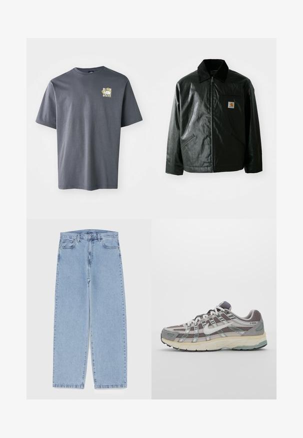 Czarna kurtka zapinana na zamek, wykonana z gładkiego, błyszczącego materiału. Posiada kołnierz z kordurowej tkaniny, dwie przednie kieszenie oraz małą naszywkę z logo na klatce piersiowej.; Szara koszulka z krótkim rękawem wykonana z bawełny, z małym graficznym motywem kwiatowym na piersi. Klasyczny krój, miękka tekstura i luźny fason.; Jasnoniebieskie dżinsy o prostym kroju nogawki, z średnim stanem, pięcioma kieszeniami oraz zapięciem na guzik i zamek błyskawiczny.; Szare buty sportowe z siateczkowym i zamszowym wierzchem, białymi akcentami, amortyzowaną podeszwą oraz charakterystycznym designem z elementami odblaskowymi.
