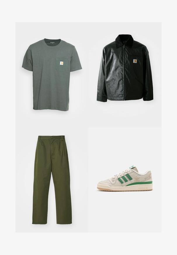 Casaco preto com fecho éclair, feito de material liso e brilhante. Apresenta um colarinho de veludo, dois bolsos frontais e um pequeno emblema no peito.; Carhartt WIP POCKET - T-shirt básica - hemlock green; Calças verde oliva de cintura alta com um design de perna reta. Feitas de um tecido leve, com pregas frontais e fecho de botão.; Ténis Adidas com parte superior em pele bege, riscas verdes e sola de borracha. Apresenta um colarinho acolchoado e um bico perfurado para respirabilidade.