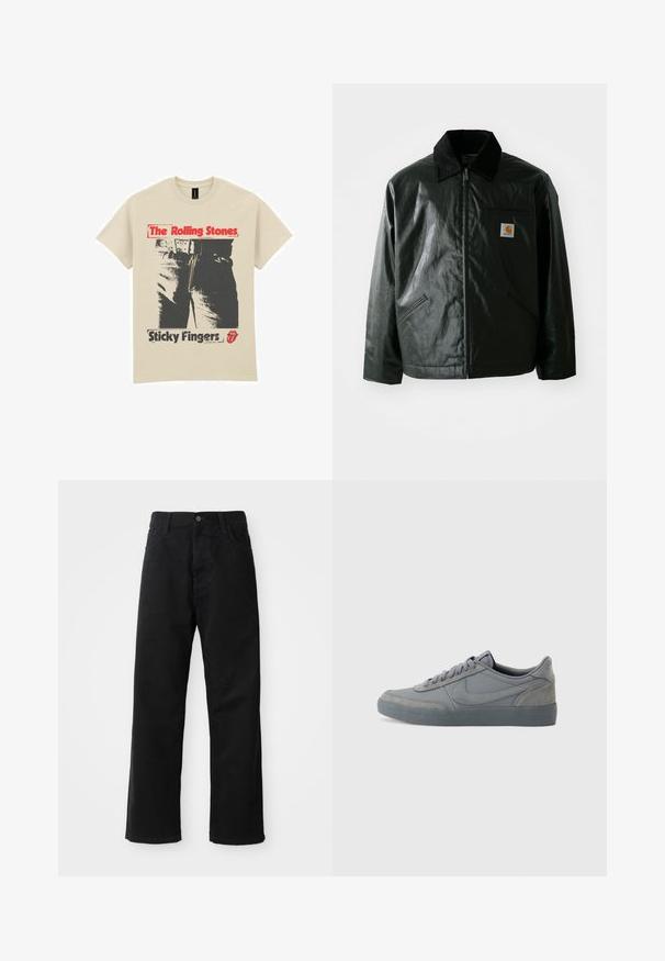 Černá zipová bunda vyrobená z hladkého, lesklého materiálu. Má jemný manžetový límec, dvě přední kapsy a malou značkovou nášivku na hrudi.; Béžové bavlněné tričko s grafickým designem džínů a zipu. Nápis "The Rolling Stones" je červený a "Sticky Fingers" černý.; Černé džínové kalhoty s rovný střih, s předními kapsami, zipovým zapínáním a jedním horním knoflíkem. Texturovaná látka s matným povrchem.; Šedé semišové tenisky s hladkým koženým svrškem, s texturovanou gumovou podrážkou a klasickým šněrováním. Na boku je logo charakteristického swoosh.
