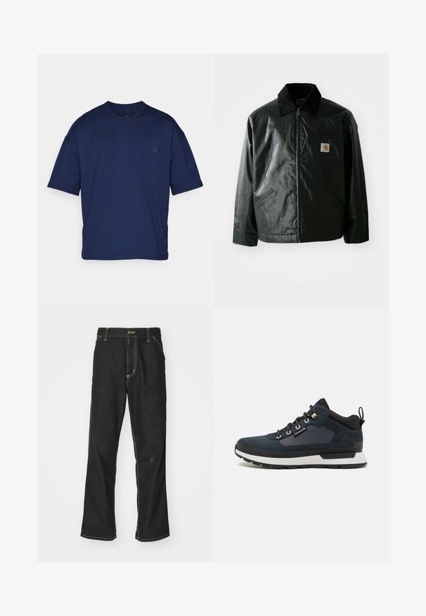 Must mustaga, läikiva materjaliga musta värvi jakk. Omab kordonilõikega kraed, kahte esikäe taskut ja väikest logo sildi rinnal.; Tumed sinine puuvillane T-särk lühikeste varrukatega, ümar kaelus, mugav lõige ja väike logopatch ees vasakul. Sile tekstuur.; Mustadest denimist püksid, lahtise lõikega, kontrastsete valgete õmblustega, nööbiga kinnitamine ja sirge säär.; Tumesinine matkajalanõud, mille pealsed on valmistatud nahast ja tekstilist, valge vaheosas ja mustal tallal, metallist silmadega. Omab tagumist tõmblust, mis lihtsustab jalga panemist.