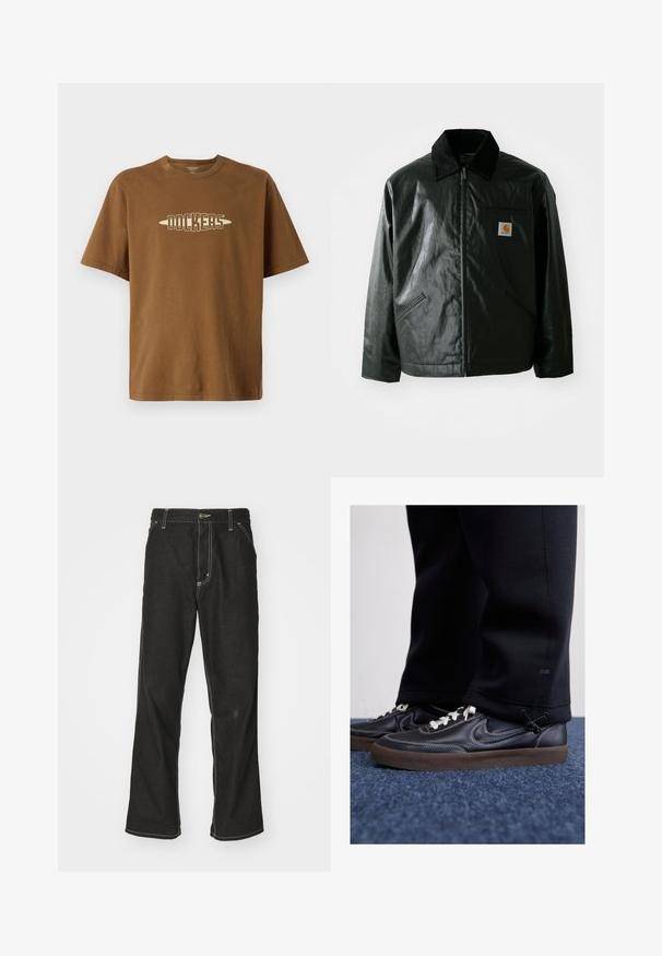 Sort lynlåsejakke lavet af glat, blankt materiale. Har en kordfløjlsfarvet krave, to forlommer og et lille logo-patch på brystet.; Brun bomulds T-shirt med korte ærmer, prydet med et cremefarvet "DOCKERS" logo i en fed skrift centreret på brystet.; Sorte denimjeans med løs pasform, der har kontrasterende hvid syning, en knaplukning og et lige ben-design.; Nike Sportswear KILLSHOT 2 LTR PRM OPP2 - Sneakers - black sail baroque brown mtlc dk grey