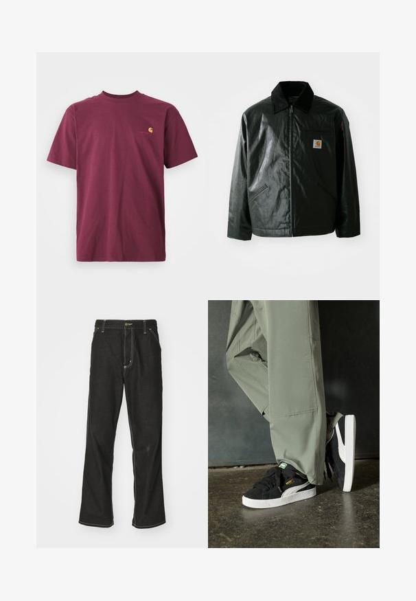 Czarna kurtka zapinana na zamek, wykonana z gładkiego, błyszczącego materiału. Posiada kołnierz z kordurowej tkaniny, dwie przednie kieszenie oraz małą naszywkę z logo na klatce piersiowej.; Burgundowa bawełniana koszulka z krótkim rękawem i okrągłym dekoltem. Posiada złoty haftowany logo na piersi. Prosty design.; Czarne dżinsy o luźnym kroju, z kontrastującymi białymi szwami, z zapięciem na guzik i prostą nogawką.; Czarne zamszowe trampki z białymi gumowymi podeszwami i bocznymi paskami, w połączeniu z jasnoszarymi spodniami cargo, stoją na teksturowanej ciemnej powierzchni.