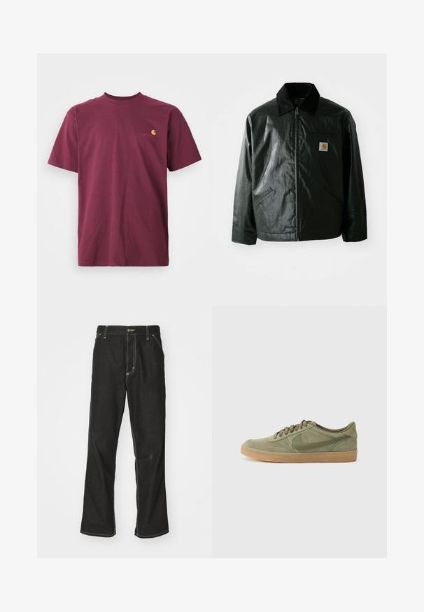 Čierna bundu na zips vyrobenú z hladkého, lesklého materiálu. Obsahuje kordový golier, dve predné vrecká a malú nášivku s logom na hrudi.; Burgundské bavlnené tričko s krátkymi rukávmi a okrúhlym výstrihom. Obsahuje zlatú vyšitú logo na hrudi. Jednoduchý dizajn.; Čierne denimové nohavice s voľným strihom, s kontrastným bielym prešívaním, uzáverom na gombík a rovnými nohavicami.; Zelené semišové tenisky s gumovou podrážkou, okrúhlym špičkou a šnurovacím dizajnom. Obsahujú podpisové logo Nike v tmavšej zelenej farbe.