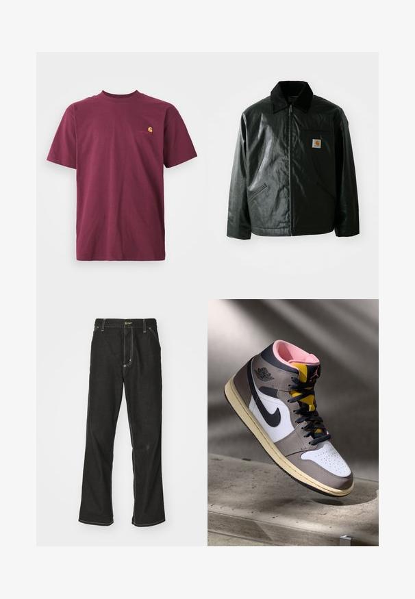 Casaco preto com fecho éclair, feito de material liso e brilhante. Apresenta um colarinho de veludo, dois bolsos frontais e um pequeno emblema no peito.; Camiseta de algodão bordeaux com mangas curtas e decote redondo. Apresenta um logótipo bordado em ouro no peito. Design simples.; Calças de ganga pretas de corte largo, com costuras brancas em contraste, fecho de botão e design de perna reta.; Tênis Nike Air Jordan de cano alto em branco, cinza e preto com interior rosa e língua amarela, posicionados sobre uma superfície de concreto.