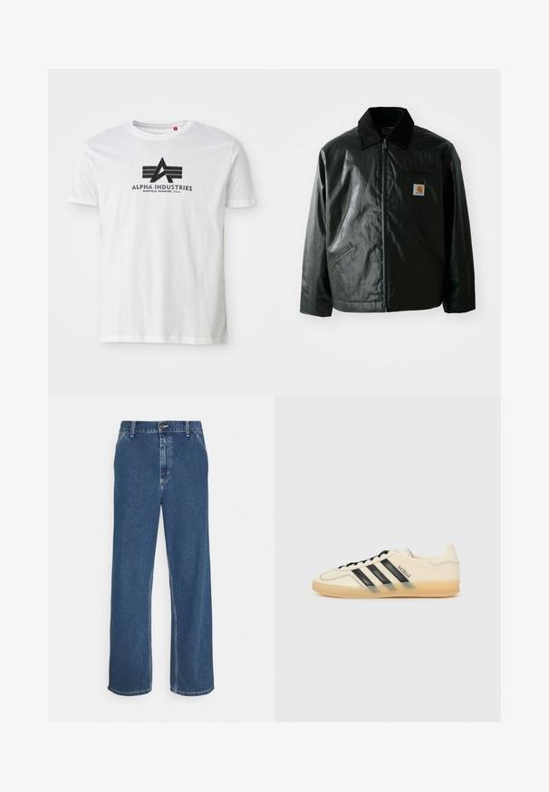 Chaqueta negra con cremallera hecha de un material liso y brillante. Presenta un cuello de pana, dos bolsillos frontales y un pequeño parche con el logo en el pecho.; Camiseta de algodón blanca con un gráfico negro que presenta una "A" y dos franjas horizontales, etiquetada "Alpha Industries" y detalles de ubicación abajo.; Vaqueros de mezclilla azul con corte recto, diseño de cinco bolsillos, cierre de botón metálico y costuras visibles a lo largo de las costuras y el dobladillo.; Zapatillas de deporte de color crema claro con diseño de tres rayas negras, parte superior texturizada, punta redonda y suela de goma. Incluye cordones y logotipo en el lateral.
