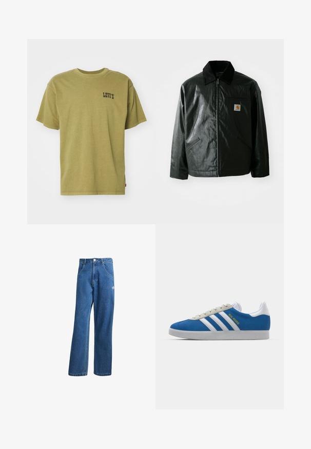 Must mustaga, läikiva materjaliga musta värvi jakk. Omab kordonilõikega kraed, kahte esikäe taskut ja väikest logo sildi rinnal.; Oliivroheline puuvillane T-särk lühikeste varrukatega, ümar kaelus ja väike must "LEVI'S" logo vasakul rinnal. Sile tekstuur, mugav lõike.; Sinine kõrge vöökohaga avar jakkidega teksapükse, millel on ees taskud, vöökoharingid, nupuga sulgemine ja väike Adidas'i logo paremal reiel.; adidas Originals ADIDAS GAZELLE SHOES - Saalijalgpalli saapad - real madrid/bluebird/footwear white/crew yellow