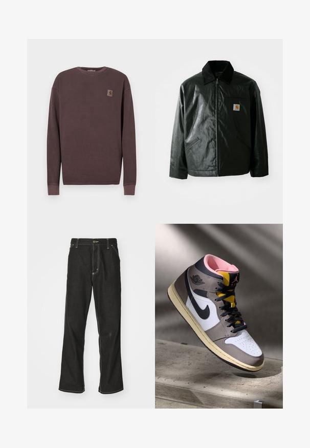 Black zip-up jacket made of smooth, shiny material. Features a corduroy collar, two front pockets, and a small logo patch on the chest.; Dark brown long-sleeve shirt made of ribbed fabric. Features a round neckline and a small square logo patch on the left chest.; Black denim jeans with a loose fit, featuring contrasting white stitching, a button closure, and a straight leg design.; High-top Nike Air Jordan sneaker in white, grey, and black with pink interior and yellow tongue, positioned on a concrete surface.