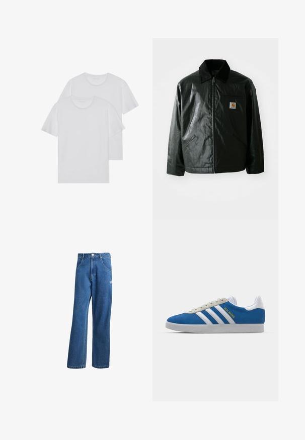 Casaco preto com fecho éclair, feito de material liso e brilhante. Apresenta um colarinho de veludo, dois bolsos frontais e um pequeno emblema no peito.; Duas t-shirts brancas de algodão com gola redonda, mangas curtas e uma textura suave. Ambas apresentam uma cor sólida e sem padrões ou metais visíveis.; Calças de ganga azul com cintura alta e perna larga, com bolsos frontais, passadores de cinto, fecho de botão e pequeno logótipo da Adidas na coxa direita.; adidas Originals ADIDAS GAZELLE SHOES - Botas de futebol de salão - real madrid/bluebird/footwear white/crew yellow