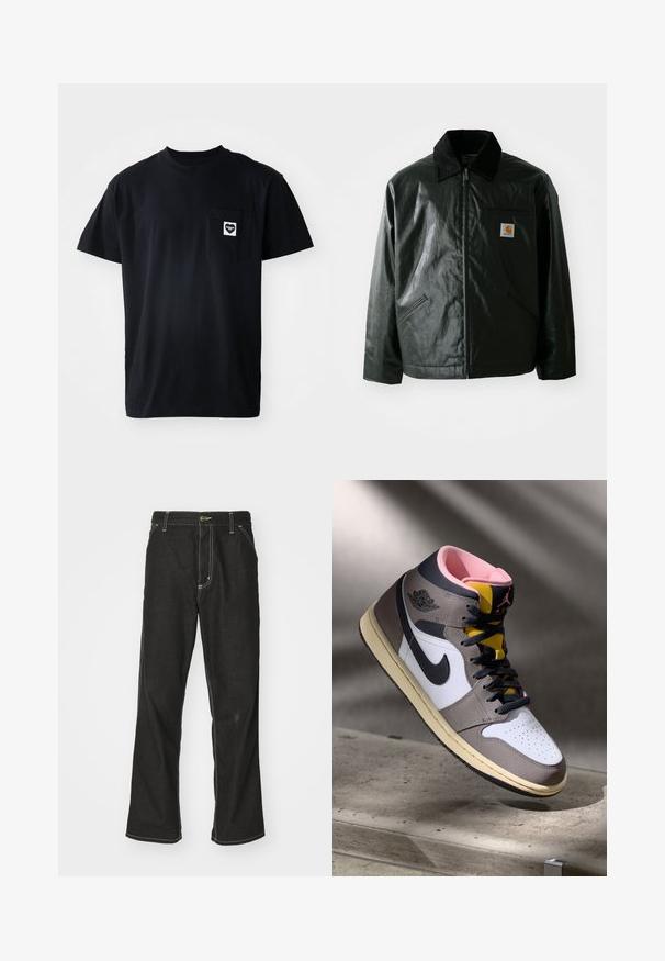 Černá zipová bunda vyrobená z hladkého, lesklého materiálu. Má jemný manžetový límec, dvě přední kapsy a malou značkovou nášivku na hrudi.; Černé bavlněné tričko s kulatým výstřihem, krátkými rukávy a kapsou na levé straně hrudi, která má bílé logo ve tvaru srdce.; Černé denimové džíny s volným střihem, s kontrastním bílým prošíváním, zapínáním na knoflík a rovnými nohavicemi.; Bílé, šedé a černé vysoké tenisky Nike Air Jordan s růžovým interiérem a žlutým jazykem, umístěné na betonovém povrchu.