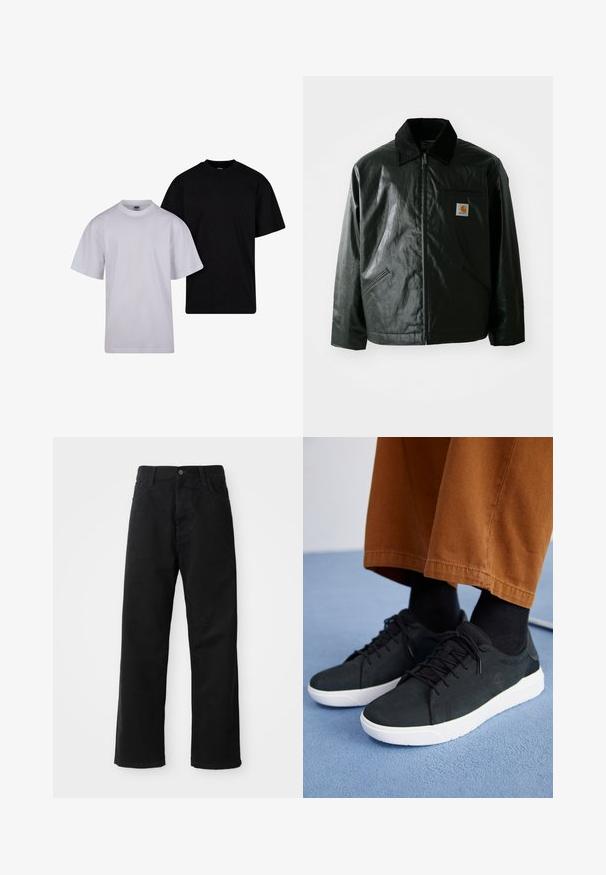 Melnā zip-up jaka, izgatavota no gludas, spīdīgas materiāla. Ir korduroja apkakle, divas priekšējās kabatas un neliela logo placdarma uz krūtīm.; Kokvilnas T-krekliņu komplekts melnā un baltā krāsā. Ar īsām piedurknēm, apaļu kaklu un brīvu piegriezumu. Gluda tekstūra bez rakstiem.; Melnas džinsu bikses ar taisnu griezumu, ar priekšējiem kabatām, rāvējslēdzēju un vienu augšējo pogu. Tekstūrēta auduma matēta virsma.; Melnas zamšādas kedas ar baltām gumijas zolēm, ar saistāmām auklām, tekstūrētām detaļām un diskrētu zīmolu, apvienotas ar brūniem biksēm.