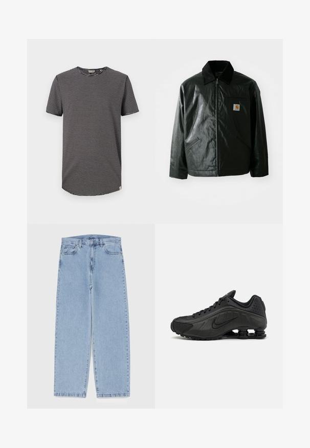 Veste noire zippée en matériau lisse et brillant. Elle dispose d'un col en velours côtelé, de deux poches avant et d'un petit écusson logo sur la poitrine.; T-shirt rayé noir et blanc à manches courtes, col rond et ourlet arrondi. Tissu doux avec une coupe décontractée. Étiquette visible à l'intérieur.; Jean en denim bleu clair avec une coupe droite, présentant une taille mi-haute, cinq poches, et une fermeture à bouton et à fermeture éclair.; Baskets de course noires avec une tige en synthétique lisse, des accents perforés, des panneaux latéraux texturés et une semelle distincte et rebondissante.