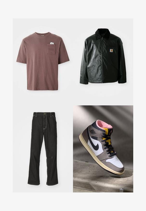 Black zip-up jacket made of smooth, shiny material. Features a corduroy collar, two front pockets, and a small logo patch on the chest.; Brown cotton t-shirt with short sleeves. Features a chest pocket with a graphic of a cat peeking out and the word "PUMA" embossed on the pocket.; Black denim jeans with a loose fit, featuring contrasting white stitching, a button closure, and a straight leg design.; High-top Nike Air Jordan sneaker in white, grey, and black with pink interior and yellow tongue, positioned on a concrete surface.