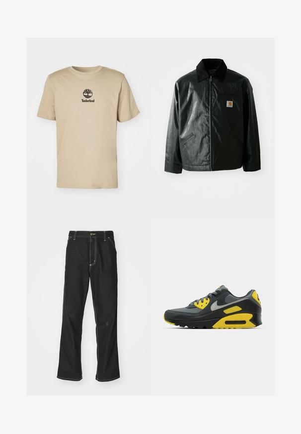 Černá zipová bunda vyrobená z hladkého, lesklého materiálu. Má jemný manžetový límec, dvě přední kapsy a malou značkovou nášivku na hrudi.; Beige bavlněné tričko s krátkým rukávem a kulatým výstřihem, se středovým černým logem Timberland na hrudi. Měkká textura, ležérní design.; Černé denimové džíny s volným střihem, s kontrastním bílým prošíváním, zapínáním na knoflík a rovnými nohavicemi.; Šedé a žluté tenisky Nike Air Max 90 vystavené na bílém pozadí, které ukazují jejich design a barevné kontrasty.