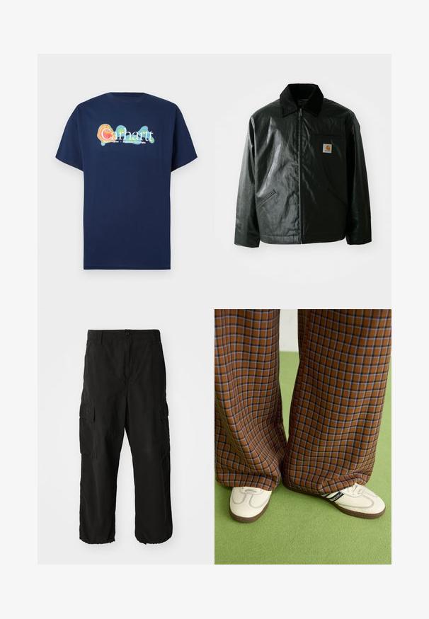 Chaqueta negra con cremallera hecha de un material liso y brillante. Presenta un cuello de pana, dos bolsillos frontales y un pequeño parche con el logo en el pecho.; Camiseta de manga corta azul marino hecha de algodón. Presenta un logotipo gráfico multicolor "Carhartt" con un efecto de brillo en el centro.; Pantalones cargo negros hechos de una tela suave, con un corte holgado, bolsillos laterales y un cierre de botón. El dobladillo inferior está acampanado.; Pantalones de pata de elefante de cuadros marrones y azules combinados con zapatos blancos con detalles en negro y suelas texturizadas, sobre un fondo verde.
