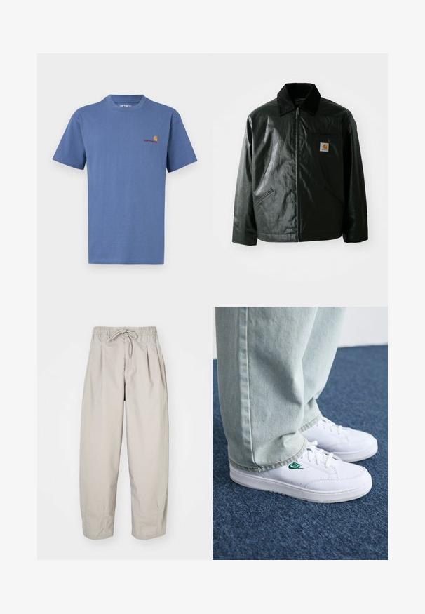 Black zip-up jacket made of smooth, shiny material. Features a corduroy collar, two front pockets, and a small logo patch on the chest.; Blue cotton T-shirt with a crew neckline. Features a small red and yellow Carhartt logo on the left chest. Short sleeves, straight hem.; Beige, lightweight trousers with an elastic waistband and drawstring. Features pleats and a loose fit, crafted from soft, smooth fabric.; White leather sneakers with green Nike logo, round toe, flat sole, paired with light blue denim pants, shown on a blue carpet.