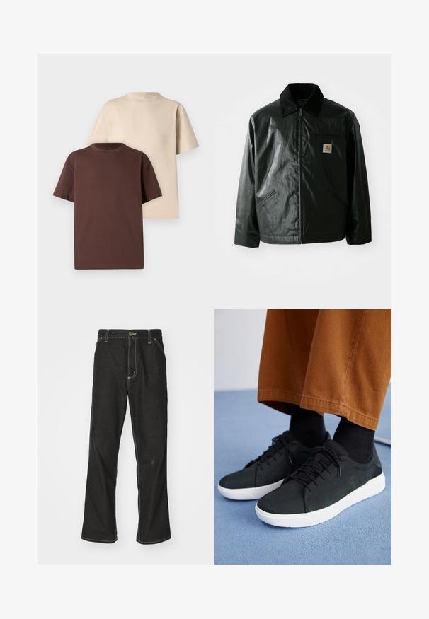 Fekete zipzáros dzseki sima, fényes anyagból. Kordbársony gallérral, két elülső zsebbel és egy kis logós felvarrással a mellkason.; Két rövid ujjú póló: az egyik sötétbarna, a másik világosbézs. Pamutból készült, kerek nyakkivágással és kényelmes szabással.; Fekete farmernadrág laza szabással, kontrasztos fehér varrással, gombos záródással és egyenes lábmegoldással.; Fekete velúrbőr sneaker fehér gumitalppal, fűzős dizájnnal, texturált részletekkel és diszkrét márkázással, barna nadrággal párosítva.