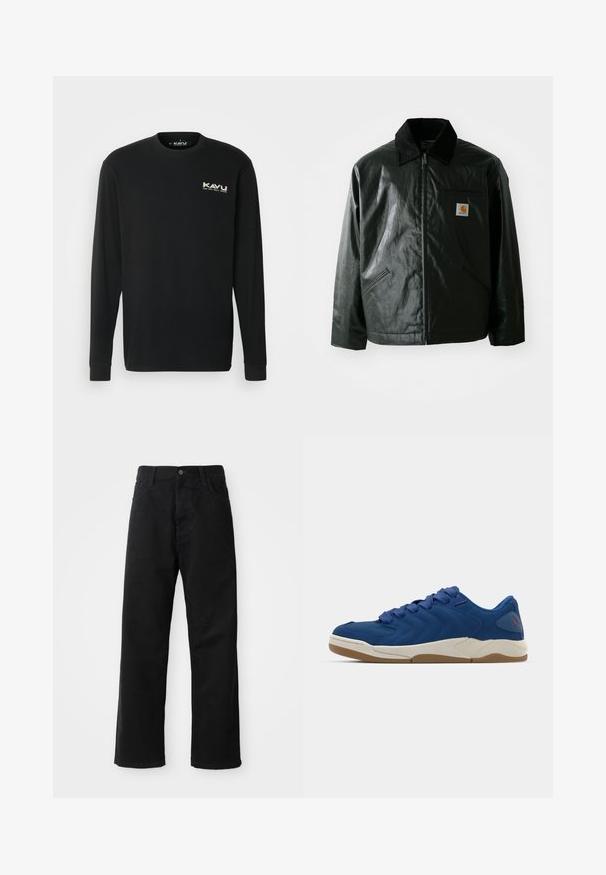 Fekete zipzáros dzseki sima, fényes anyagból. Kordbársony gallérral, két elülső zsebbel és egy kis logós felvarrással a mellkason.; KAVU ETCH ART - Hosszú ujjú felső - black; Fekete farmernadrág egyenes szabással, elülső zsebekkel, cipzáras flyal és egy felső gombbal. Strukturált anyag matt felülettel.; Kék sportcipők texturált felsőrésszel, gumitalppal és ívelt kialakítással. A fűzők párnázott fülkékbe vannak fűzve. Piros logó részlet a sarokon.