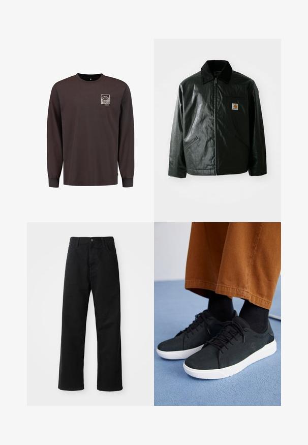 Must mustaga, läikiva materjaliga musta värvi jakk. Omab kordonilõikega kraed, kahte esikäe taskut ja väikest logo sildi rinnal.; Tumespru pikkade varrukatega särk puuvillast, millel on vasakul rinnaosal valge trükitud päikese ja laine mustriga. Ümarad kaelus, sirge lõige.; Mustadest denimist püksid sirge lõikega, mis sisaldavad ees taskuid, lukufliisi ja ühte ülemist nööpi. Tekstureeritud kangas mati viimistlusega.; Mustad suede spordijalatsid valge kummitaldaga, millel on paeltega kinnitamine, tekstuuriga aktsendid ja tagasihoidlik bränding, koos pruuni pükstega.