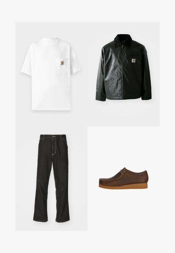 Czarna kurtka zapinana na zamek, wykonana z gładkiego, błyszczącego materiału. Posiada kołnierz z kordurowej tkaniny, dwie przednie kieszenie oraz małą naszywkę z logo na klatce piersiowej.; Biała bawełniana koszulka z okrągłym dekoltem, krótkimi rękawami i kieszonką na piersi z naszywką logo. Minimalistyczny design i gładka tekstura.; Czarne dżinsy o luźnym kroju, z kontrastującymi białymi szwami, z zapięciem na guzik i prostą nogawką.; Brązowy skórzany but z okrągłym noskiem i przeszyciami, z brązowym sznurówką i teksturowaną, jasnobrązową gumową podeszwą.