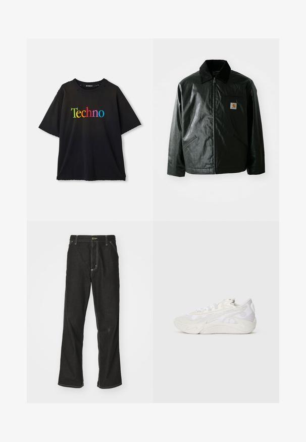 Melnā zip-up jaka, izgatavota no gludas, spīdīgas materiāla. Ir korduroja apkakle, divas priekšējās kabatas un neliela logo placdarma uz krūtīm.; Melna īsām piedurknēm t-krekls ar uzrakstu "Techno" izdrukātu lielām, krāsainām burtiem krūšu rajonā, ar nelielu novecošanu ap kakla vietu.; Melni džinsi ar brīvu piegriezumu, ar kontrastējošu baltu diegu, pogu aizdari un taisnu kāju dizainu.; Sānu skats uz baltiem un gaiši pelēkiem sporta apaviem ar abstraktu viļņveida dizainu un biezu zoli uz vienkārša balta fona.