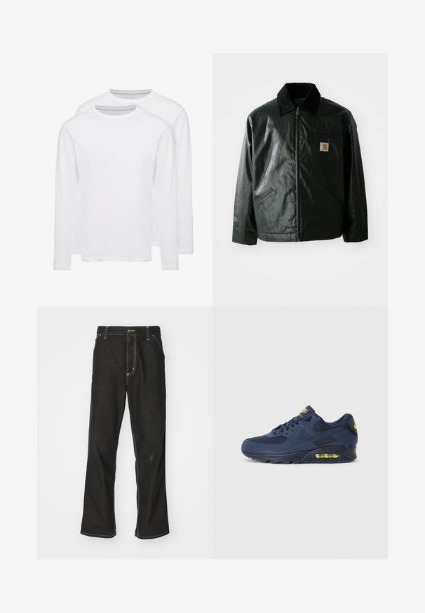 Giacca nera con zip realizzata in materiale liscio e lucido. Presenta un colletto in corduroy, due tasche frontali e una piccola patch con logo sul petto.; Due magliette a maniche lunghe bianche realizzate in cotone morbido. Presentano un colletto rotondo e una texture liscia e uniforme, senza fantasie o accenti.; Jeans in denim nero con una vestibilità ampia, caratterizzati da cuciture bianche a contrasto, chiusura a bottone e un design a gamba dritta.; Sneakers Nike Air Max blu navy con parte superiore in suede e mesh, dotati di dettagli gialli, chiusura con lacci e ammortizzazione visibile nella suola.