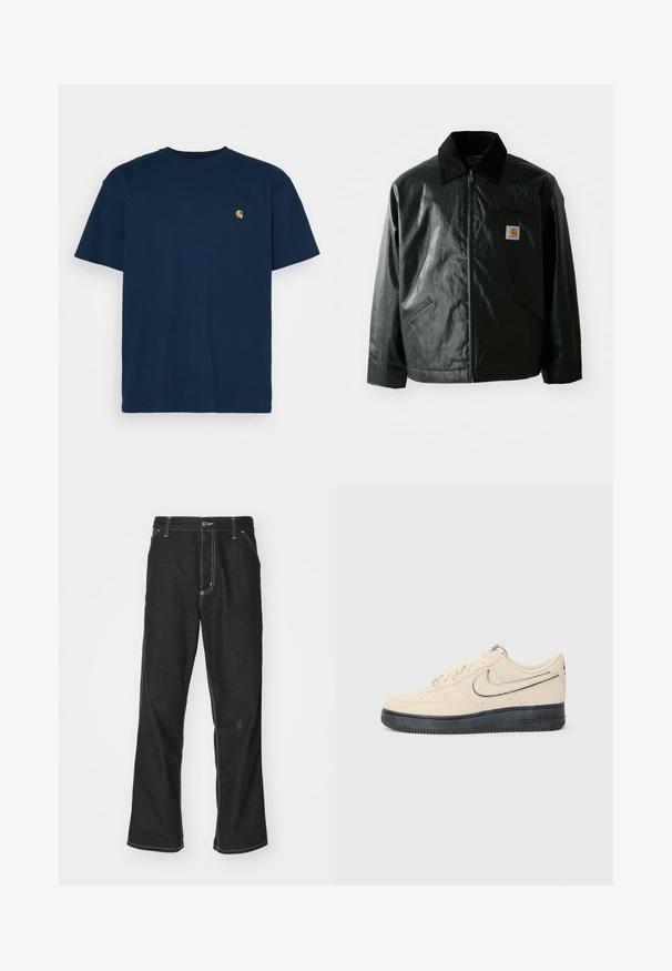 Svart zip-up jakke laget av jevnt, blankt materiale. Har en kordfløyelskrage, to frontlommer og en liten logo-lapp på brystet.; Carhartt WIP CHASE - T-shirts - mizar/gold; Svarte denimbukser med løs passform, med kontrastfylt hvit søm, knappelukking og rett ben-design.; Beige semsket Nike Air Force 1-sneakers med svart gummisåle, broderte detaljer, perforert tå og en fremtredende swoosh-logo.