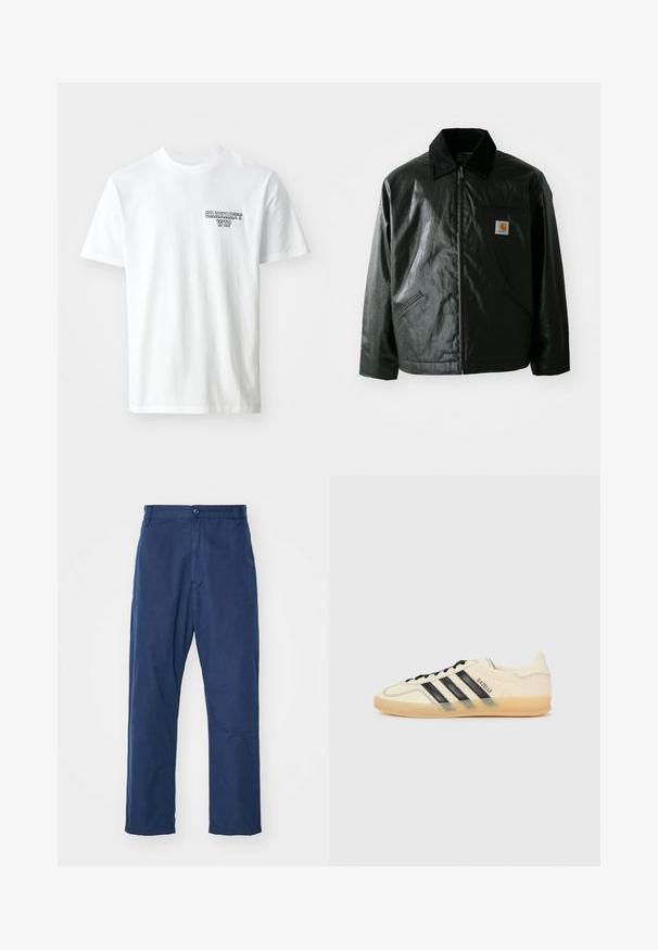 Black zip-up jacket made of smooth, shiny material. Features a corduroy collar, two front pockets, and a small logo patch on the chest.; White cotton t-shirt with a crew neckline. Features small blue text logo “CARHARTT WIP” on the left chest. Classic fit, short sleeves.; Navy blue, straight-leg trousers made of cotton. Features a front button closure and subtle texture, with side pockets and belt loops.; Light cream sneaker with black three-stripe design, textured upper, round toe, and gum sole. Features laces and branding on side.
