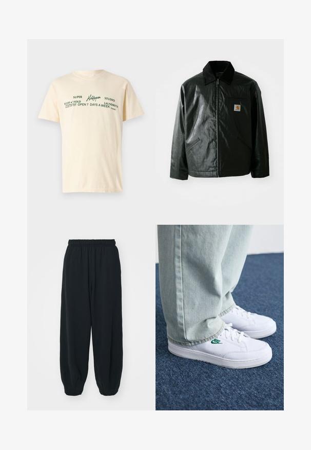 Black zip-up jacket made of smooth, shiny material. Features a corduroy collar, two front pockets, and a small logo patch on the chest.; Cream-colored cotton t-shirt with short sleeves featuring green text that reads "KidSuper," "Super Fluff n' Fold," and laundry details.; Black, elasticated-waist sweatpants with a loose fit, cuffed ankles, smooth texture, and no visible patterns or hardware accents.; White leather sneakers with green Nike logo, round toe, flat sole, paired with light blue denim pants, shown on a blue carpet.