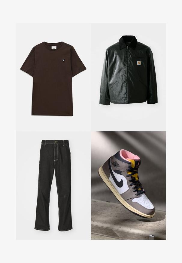 Giacca nera con zip realizzata in materiale liscio e lucido. Presenta un colletto in corduroy, due tasche frontali e una piccola patch con logo sul petto.; T-shirt a maniche corte di colore marrone scuro con scollatura rotonda e una piccola toppa logo nero e bianco sul lato sinistro del petto.; Jeans in denim nero con una vestibilità ampia, caratterizzati da cuciture bianche a contrasto, chiusura a bottone e un design a gamba dritta.; Sneaker Nike Air Jordan alta in bianco, grigio e nero con interno rosa e linguetta gialla, posizionata su una superficie di cemento.
