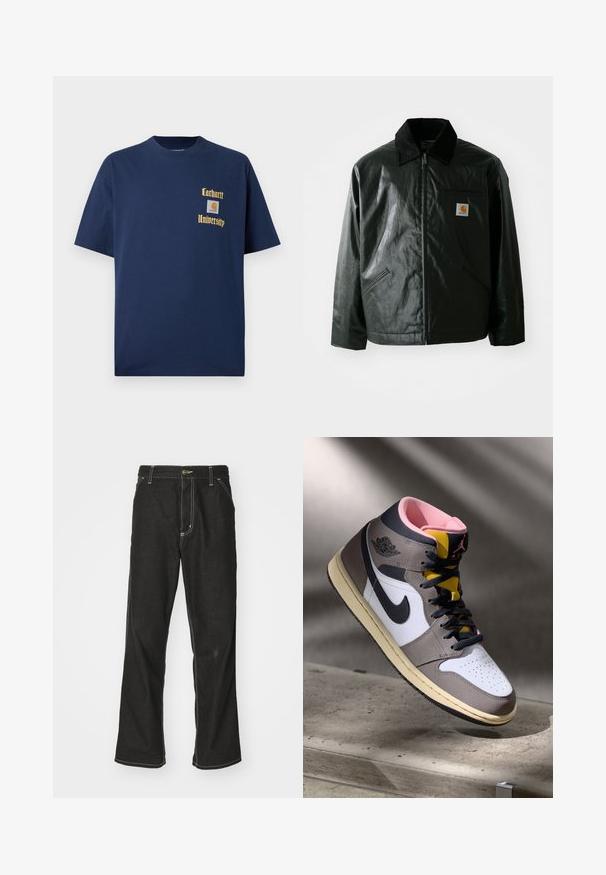 Jachetă neagră cu fermoar, confecționată dintr-un material neted și lucios. Prezintă un guler din catifea, două buzunare frontale și un mic logo brodat pe piept.; Tricou din bumbac bleumarin cu mâneci scurte, având inscripția aurie "Carhartt University" și o etichetă cu logo pe partea stângă a pieptului.; Jeans negri din denim, cu o croială largă, cu cusături albe contrastante, închidere cu nasture și un design cu picior drept.; Sneaker Nike Air Jordan de tip high-top, alb, gri și negru, cu interior roz și limbă galbenă, amplasat pe o suprafață din beton.