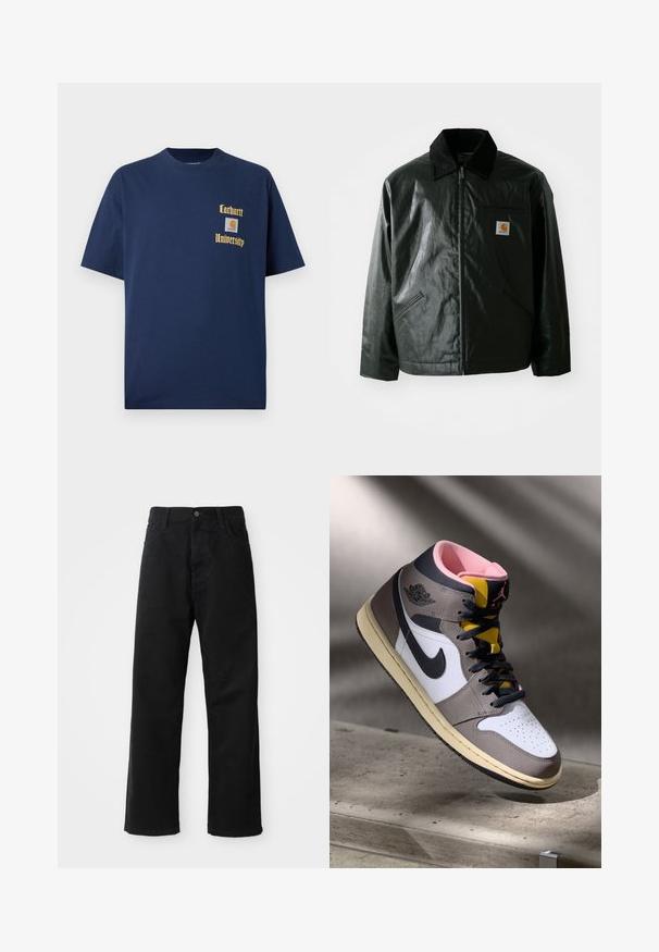 Svart zip-up jakke laget av jevnt, blankt materiale. Har en kordfløyelskrage, to frontlommer og en liten logo-lapp på brystet.; Mørk blå bomull t-skjorte med korte ermer, med gulltekst "Carhartt University" og et logo-patch på venstre bryst.; Svart denimbukser med rett snitt, med frontlommer, glidelåsgylf og en enkelt knapp i toppen. Teksturert stoff med matt overflate.; Høy topp Nike Air Jordan-sneaker i hvit, grå og svart med rosa indre og gul tunge, plassert på en betongoverflate.