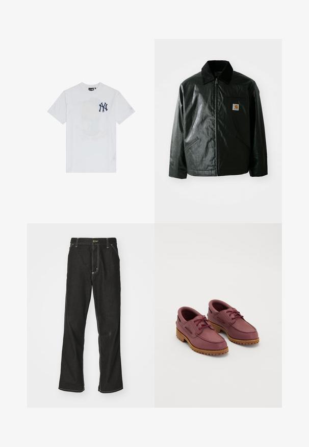 Jachetă neagră cu fermoar, confecționată dintr-un material neted și lucios. Prezintă un guler din catifea, două buzunare frontale și un mic logo brodat pe piept.; Tricou alb din bumbac, cu un logo al echipei New York Yankees în nuanța albastru închis și un design subtil imprimat cu un suport de popcorn pe față.; Jeans negri din denim, cu o croială largă, cu cusături albe contrastante, închidere cu nasture și un design cu picior drept.; O pereche de pantofi de bărbat din piele vin pāră, cu talpă groasă din cauciuc bej și șireturi roșii, pe un fundal alb.