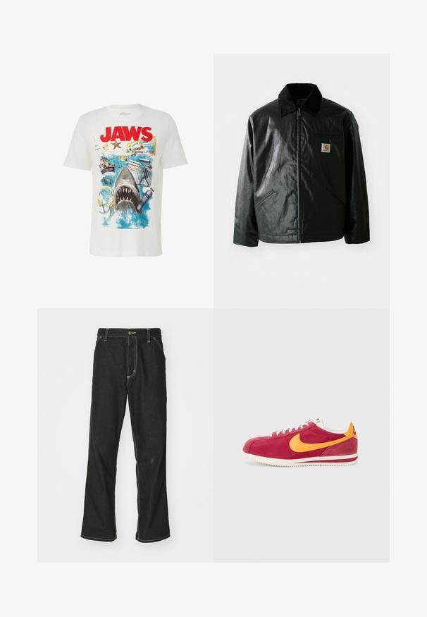 Must mustaga, läikiva materjaliga musta värvi jakk. Omab kordonilõikega kraed, kahte esikäe taskut ja väikest logo sildi rinnal.; Valge puuvillane T-särk, millel on graafiline kujundus haigest ja rannateemalistest elementidest. Tekst "JAWS" tumepunaselt, koos värvilise kujunduse ja aktsentidega.; Mustadest denimist püksid, lahtise lõikega, kontrastsete valgete õmblustega, nööbiga kinnitamine ja sirge säär.; Punase nahkkingad kollaste aktsentidega, valged paelad ja tekstureeritud tallaosaga. Klassikaline disain ümarate varvastega ja logo detail külje peal.