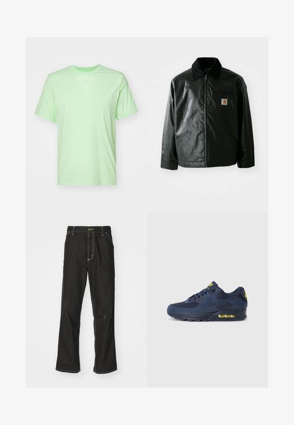 Svart zip-up jakke laget av jevnt, blankt materiale. Har en kordfløyelskrage, to frontlommer og en liten logo-lapp på brystet.; Lys grønn bomulls T-skjorte med rund hals, korte ermer og en hvit Jordan-logo på brystet. Myk tekstur og avslappet passform.; Svarte denimbukser med løs passform, med kontrastfylt hvit søm, knappelukking og rett ben-design.; Marineblå Nike Air Max sneakers med overdel i ruskind og mesh, med gule detaljer, snørebånd fortil og synlig luftdæmpning i sålen.