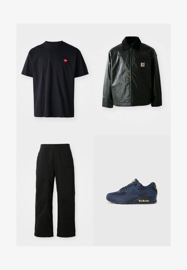 Zwarte ritssluiting jas van glad, glanzend materiaal. Heeft een corduroy kraag, twee voorzakken en een klein logo label op de borst.; Zwarte katoenen T-shirt met een ronde hals en korte mouwen. Bevat een klein rood hartlogo op de linkerborst.; Zwarte katoenen broek met een elastische tailleband, wijd gesneden ontwerp en grote zijzakken. De stof lijkt zacht met een gladde textuur.; Marineblauwe Nike Air Max sneakers met een bovenwerk van suede en mesh, voorzien van gele accenten, vetersluiting aan de voorkant en zichtbare luchtvering in de zool.