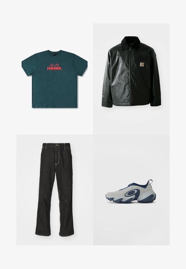 Schwarze Zip-Jacke aus glattem, glänzendem Material. Verfügt über einen Cordkragen, zwei Fronttaschen und ein kleines Logo-Patch auf der Brust.; Türkisfarbenes Baumwoll-T-Shirt mit kurzen Ärmeln, Crew-Ausschnitt und einem zentralen Grafikdesign mit dem Text "FORMER." und verspielten Charakteren in Rot.; Schwarze Denim-Jeans mit lockerer Passform, kontrastierenden weißen Nähten, einem Knopfverschluss und geradem Bein.; Schuh mit grauem Obermaterial und marineblauen Akzenten, verfügt über ein geschwungenes Design, eine glatte Textur und eine klobige Sohle aus rutschfestem blauen Gummi.