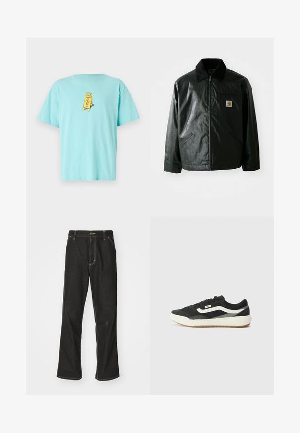 Juodas užtrauktuku užsegamas švarkas, pagamintas iš glotnaus, blizgaus medžiagos. Savybė - keteros apykaklė, dvi priekinės kišenės ir mažas logotipo ženklelis ant krūtinės.; Šviesiai mėlynas medvilninis marškinėlis su geltonu "Pavojus" ženklu ant priekio. Laisvas kirpimas, trumpomis rankovėmis ir apvaliu iškirpimu.; Juodi džinsai su laisvu siluetu, turintys kontrastingas balto siūlo siūles, mygtuko uždarymą ir tiesų kojos dizainą.; Juodi sportbačiai su baltais akcentais, turintys lygų sintetinį paviršių, apvalią formą ir guminius padus, derinami su šviesiais bežiniais keliais.