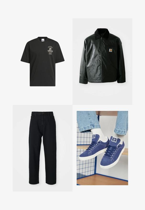 Juodas užtrauktuku užsegamas švarkas, pagamintas iš glotnaus, blizgaus medžiagos. Savybė - keteros apykaklė, dvi priekinės kišenės ir mažas logotipo ženklelis ant krūtinės.; Juoda medvilninė marškinėliai su trumpomis rankovėmis, apvaliu kaklu ir baltu spaudiniu, kuriame užrašyti "Los Angeles" ir "Adidas" priekyje.; Juodos džinsinės kelnes su tiesiapjūviu. Yra klasikinis penkių kišenių dizainas, mygtukų užsegimas ir subtili audinio tekstūra.; Tamsiai mėlyni Adidas sportbačiai, pagaminti iš zomšos, su baltais guminais padu, apvaliais pirštais ir logotipo ženkleliu ant liežuvėlio. Matomos ryškiai baltos kojinės.
