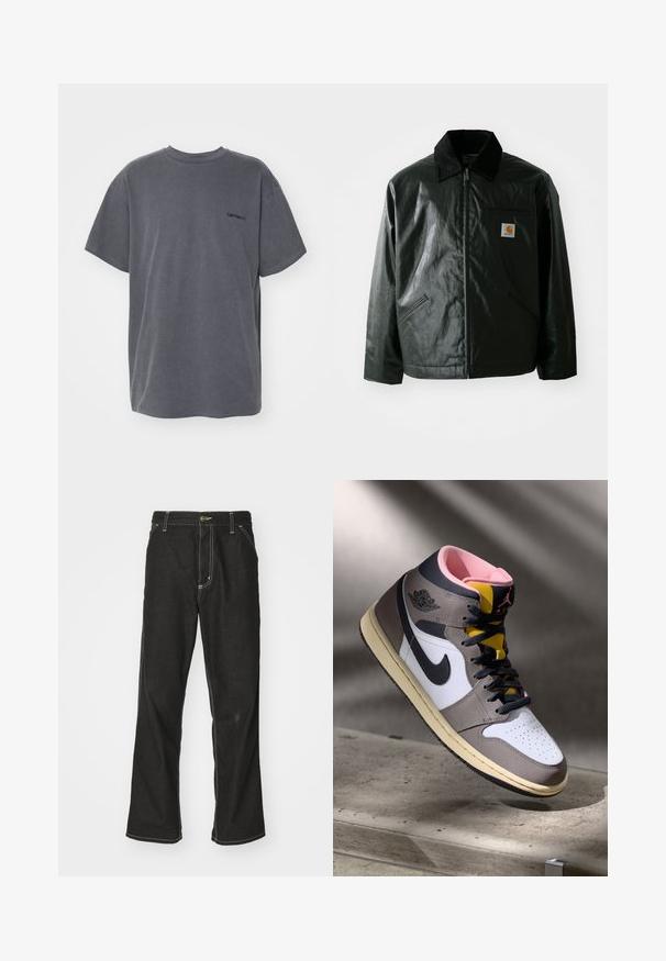 Schwarze Zip-Jacke aus glattem, glänzendem Material. Verfügt über einen Cordkragen, zwei Fronttaschen und ein kleines Logo-Patch auf der Brust.; Carhartt WIP DUSTER SCRIPT - T-Shirt basic - black; Schwarze Denim-Jeans mit lockerer Passform, kontrastierenden weißen Nähten, einem Knopfverschluss und geradem Bein.; Hohe Nike Air Jordan Sneaker in Weiß, Grau und Schwarz mit pinkem Innenfutter und gelber Zunge, auf einer Betontfläche platziert.