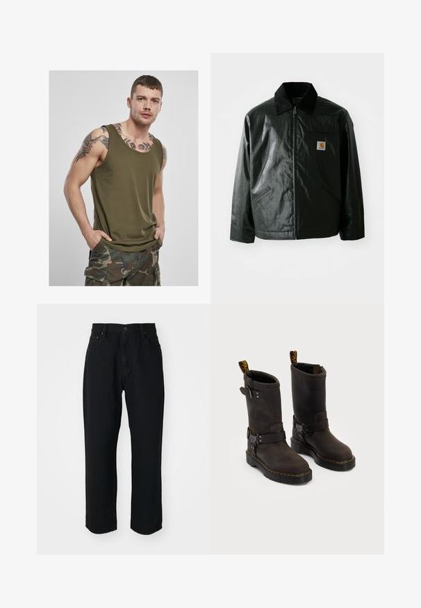 Svart zip-up jakke laget av jevnt, blankt materiale. Har en kordfløyelskrage, to frontlommer og en liten logo-lapp på brystet.; Oliven grønn tanktop laget av myk, lettvektig stoff. Har en vid halsutringning og løs passform, sammen med kamuflasje cargo-shorts.; Svarte denimjeans med rett snitt, lett tekstur, fem-lomme design og knappelukking i livet.; Mørkebrune lærstøvler med design til midtleggen, gule sømmer, justerbare spenner og bånd for å dra opp på toppen. Strukturt overflate.