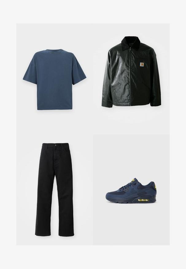 Černá zipová bunda vyrobená z hladkého, lesklého materiálu. Má jemný manžetový límec, dvě přední kapsy a malou značkovou nášivku na hrudi.; Námořnická modrá oversized tričko s krátkým rukávem a malým vyšitým logem Carhartt na levé části hrudi na bílém pozadí.; Černé džínové kalhoty s rovný střih, s předními kapsami, zipovým zapínáním a jedním horním knoflíkem. Texturovaná látka s matným povrchem.; Tmavě modré tenisky Nike Air Max se svrškem z semiše a síťoviny, s žlutými akcenty, šněrováním vpředu a viditelným vzduchovým polstrováním v podrážce.