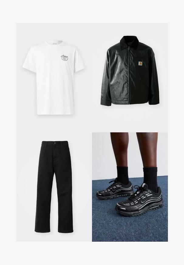 Čierna bundu na zips vyrobenú z hladkého, lesklého materiálu. Obsahuje kordový golier, dve predné vrecká a malú nášivku s logom na hrudi.; Biele bavlnené tričko s okrúhlym výstrihom a krátkymi rukávmi, s čiernym vyšívaným logom na hornej ľavej strane.; Čierne denimové nohavice so rovným strihom, vystúpené predné vrecká, zips a jedno horné gombík. Štruktúrovaná tkanina s matným povrchom.; Čierne tenisky Nike majú sieťkový zvršok s akcentovými pruhmi, textúrovaným šnurovaním a čiernu gumovú podrážku. Nosené s čiernymi rebrovanými ponožkami.