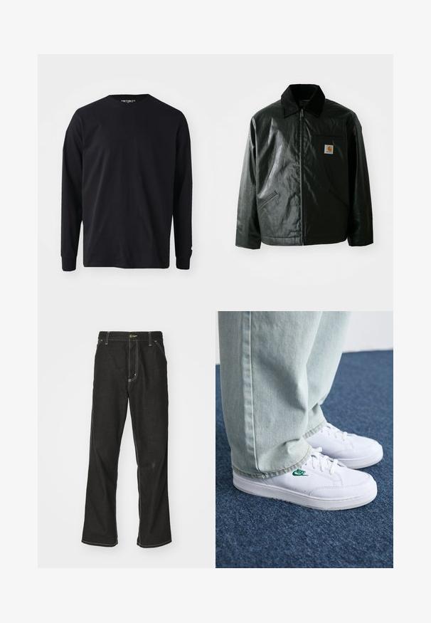 Schwarze Zip-Jacke aus glattem, glänzendem Material. Verfügt über einen Cordkragen, zwei Fronttaschen und ein kleines Logo-Patch auf der Brust.; Schwarzes Langarm-T-Shirt aus Baumwolle mit rundem Halsausschnitt und geradem Schnitt, mit einem kleinen Logodetail am Ärmel.; Schwarze Denim-Jeans mit lockerer Passform, kontrastierenden weißen Nähten, einem Knopfverschluss und geradem Bein.; Weiße Leder-Sneaker mit grünem Nike-Logo, runde Zehenpartie, flache Sohle, kombiniert mit hellblauen Jeans, präsentiert auf einem blauen Teppich.